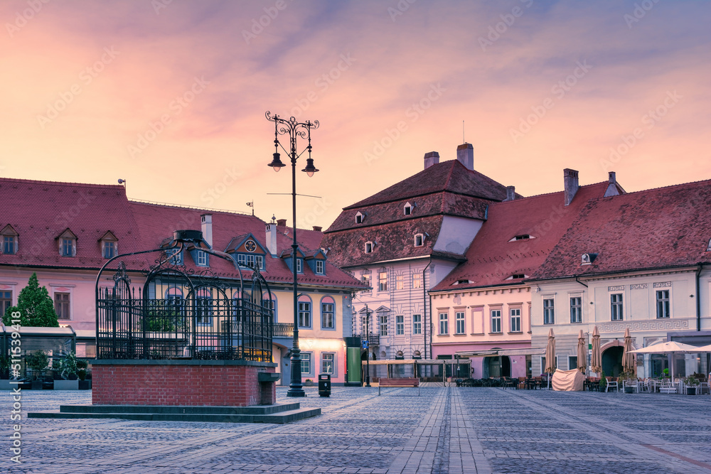 European old town. Sunrise in historical center of Sibiu, Romania