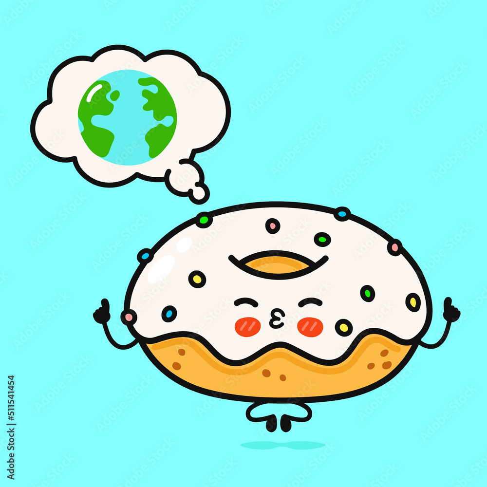 Cute funny Donut doing yoga with speech bubble. Vector hand drawn cartoon kawaii character illustration icon. Isolated on blue background. Donut character concept Cute funny Donut doing yoga with speech bubble. Vector hand drawn cartoon kawaii character illustration icon. Isolated on blue background. Donut character concept