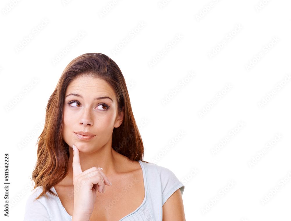 That wasnt very nice of me.... A young woman thinking against a white background. That wasnt very nice of me.... A young woman thinking against a white background.