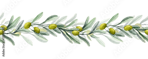 Olive Branch Border. Watercolor frame for oil label with fruits and green leaves. Seamless hand drawn pattern © Alisles