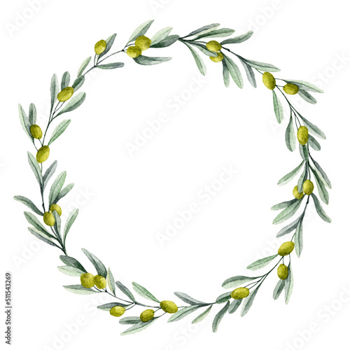 Olive wreath. Watercolor botanical Round Frame with Laurel Branches for wedding invitations or greeting cards. Floral Circle border for oil label