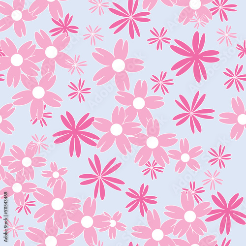 Vector blue background white pink cherry tree flowers and cherry blossom sakura flowers. Seamless pattern background