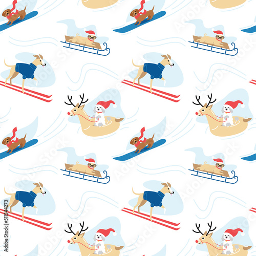 seamless winter pattern with cute cartoon dogs skiing