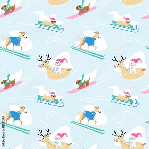 seamless winter pattern with cute cartoon dogs skiing