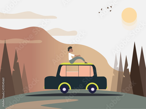   Flat vector illustration. The man stopped to admire the sunset. He got into his car to get a better look at him. It is surrounded by mountains and spruces. Clouds float in the sky and birds fly.
