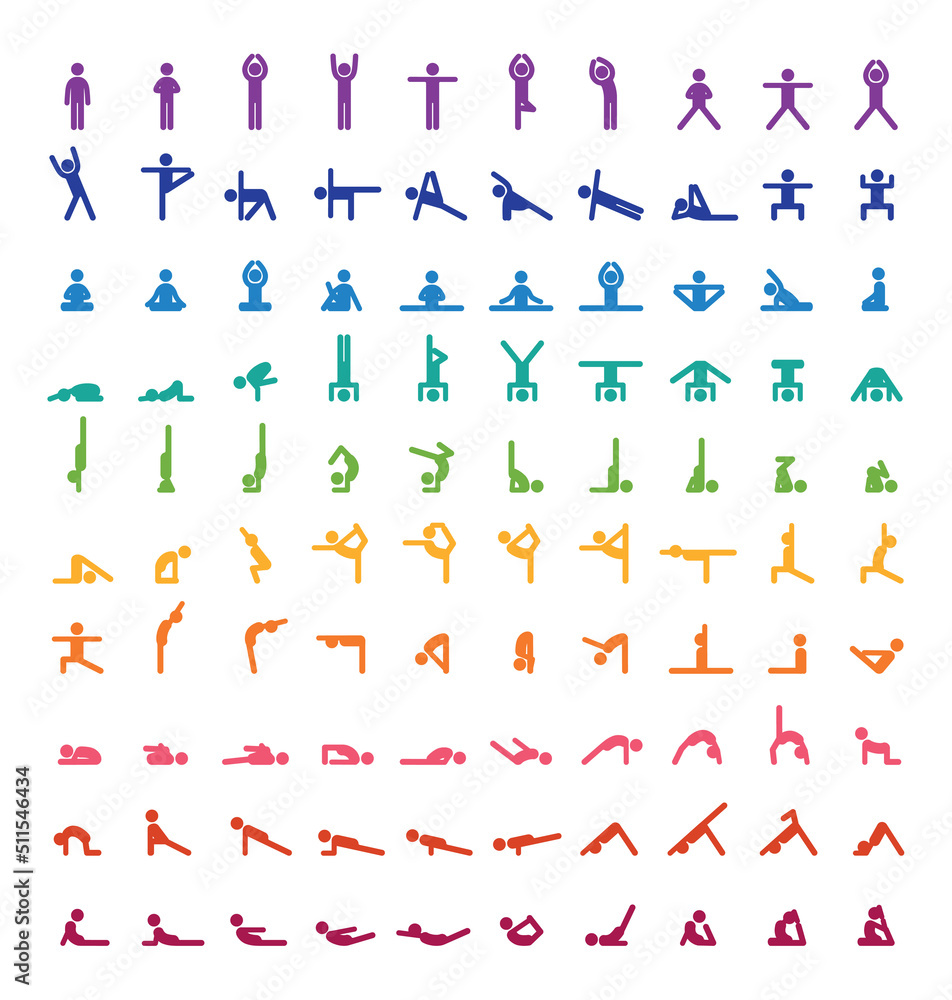 Big yoga poses asanas icons set. Rainbow colors. All asanas. 100 poses. Vector illustrations. For logo yoga branding. Yoga people infographics. Stick figures. Pilates stretch gymnastics fitness poses