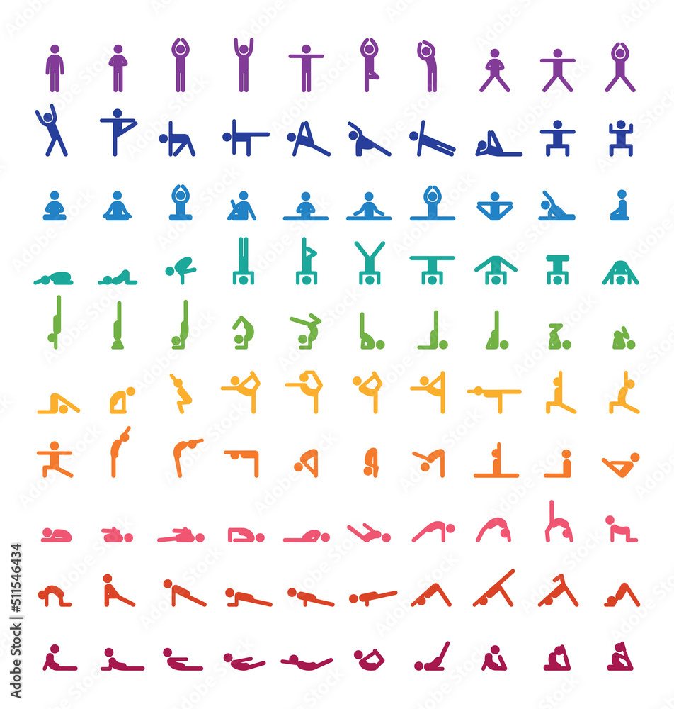 Big yoga poses asanas icons set. Rainbow colors. All asanas. 100 poses ...