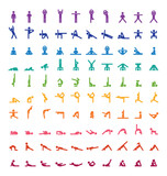 Big yoga poses asanas icons set. Rainbow colors. All asanas. 100 poses. Vector illustrations. For logo yoga branding. Yoga people infographics. Stick figures. Pilates stretch gymnastics fitness poses