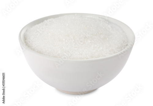 Granulated sugar in bowl isolated on white