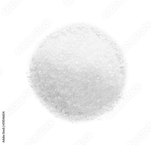 Pile of granulated sugar isolated on white  top view
