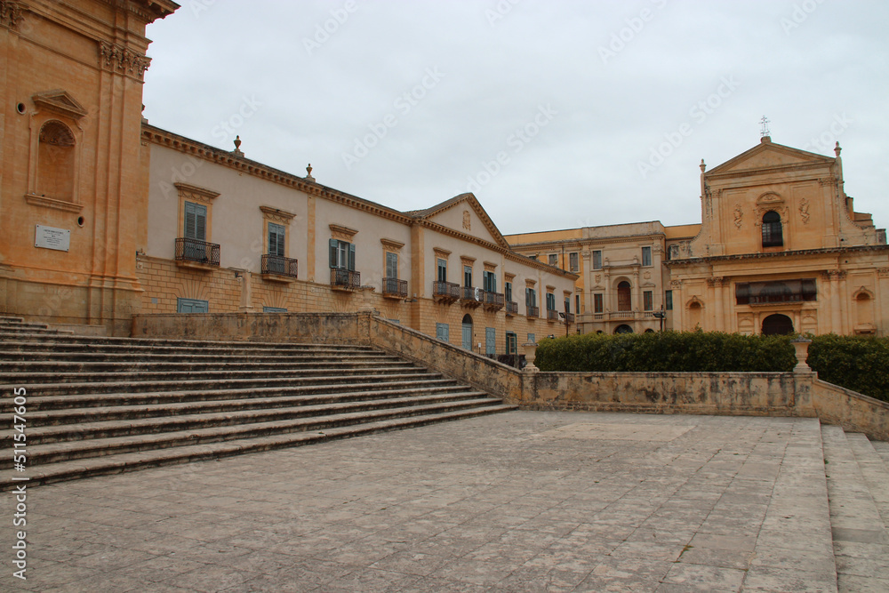 cathedral and episcopal palace in noto in sicily (italy)