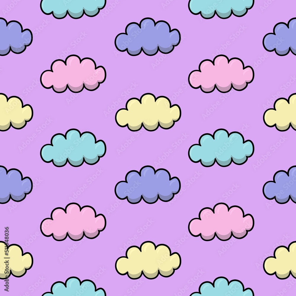 Delicate print, Multicolored clouds in cartoon style, seamless square pattern Delicate print, Multicolored clouds in cartoon style, seamless square pattern