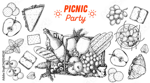 Picnic food top view. Hand drawn vector illustration. Picnic basket with bread, wine, grape, apple, cheese, tomatoes, salami. Food and drink sketch. Sandwich, fruits, snacks. Summer Food