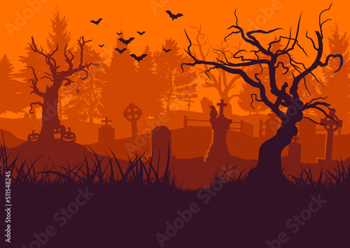 Old cemetery halloween background. Scary trees, bats, tombstones and crow