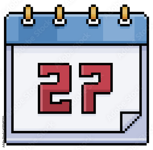 Pixel art calendar with date 27. Day 27. Holiday day 27 vector icon for 8bit game on white background
