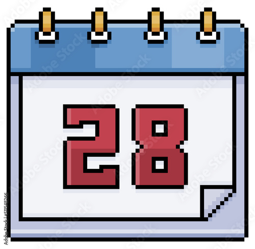 Pixel art calendar with date 28. Day 28. Holiday day 28 vector icon for 8bit game on white background
