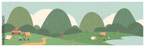 Web panoramic vector illustration of Summer mountain camping.School’s out  stories of children and families enjoying their long-awaited vacations and staycations.Let’s go to summer
