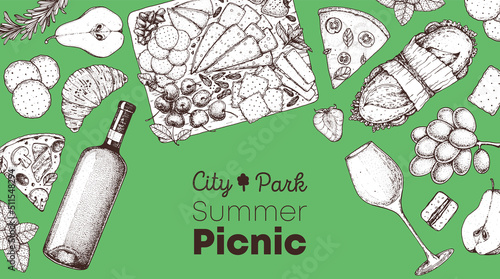Picnic food top view. Hand drawn vector illustration. Food and drink sketch. Antipasti, pizza, sandwich, wine and snacks for lunch or dinner. Summer food top view.