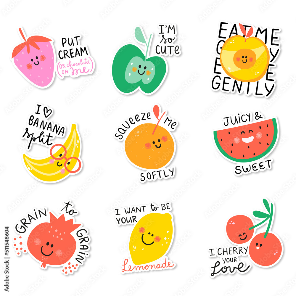 Little fruits and quotes. Happy phrases for stickers poster apple  strawberry peach banana orange watermelon pomegranate lemon cherry Kids  illustrations Cutie frutti collection Stock Vector