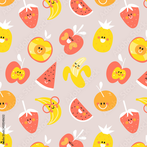 Little fruit happy smiling cute seamless pattern beige background kids design cutie frutti collection