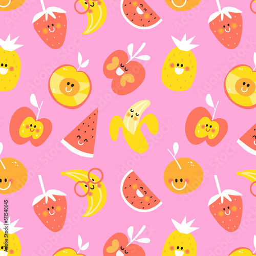 Little fruit happy smiling cute seamless pattern pink background kids design cutie frutti collection.