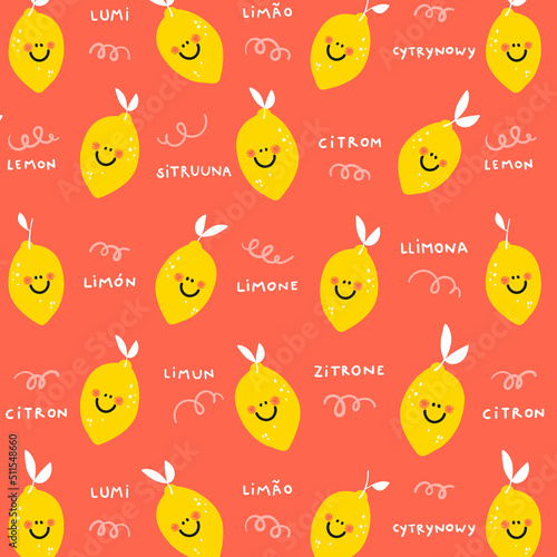 Cute little lemons multi language seamless pattern red background kids design cutie frutti collection