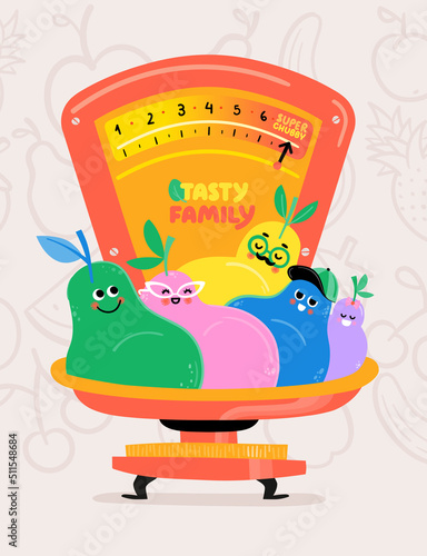 Tasty Family Chubby Pear Fruits Scale. Colorful Poster. Cutie Frutti Collection. Children Illustration. Happy Cartoon Characters.