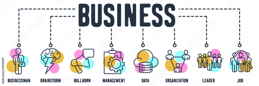 Business banner web icon. businessman, brainstorm, bullhorn, management, data, organization, leader, job vector illustration concept. Business banner web icon. businessman, brainstorm, bullhorn, management, data, organization, leader, job vector illustration concept.