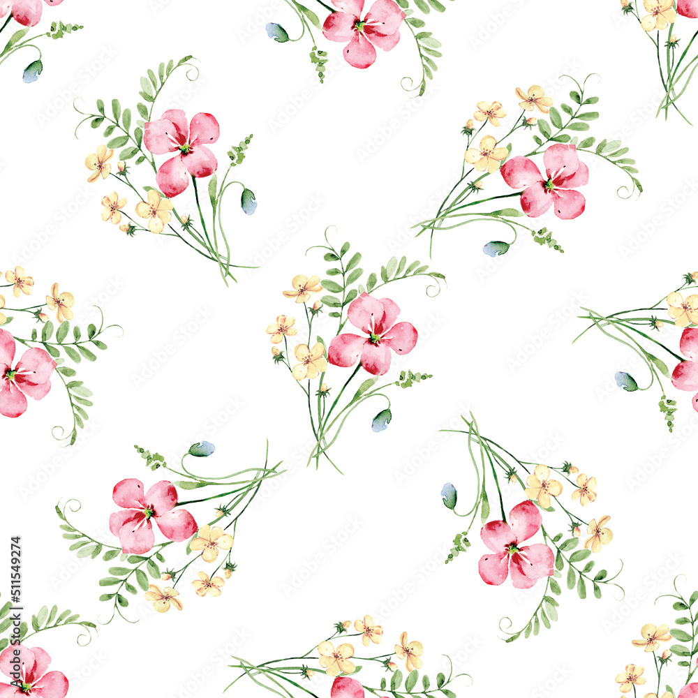 Seamless background, floral pattern with watercolor pink flowers. Repeat fabric wallpaper print texture. Perfectly for wrapped paper, backdrop.