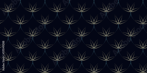 Elegant Japanese pattern abstract round shapes sea wave, fish scale traditional motif classic blue background dot line original scallop design.