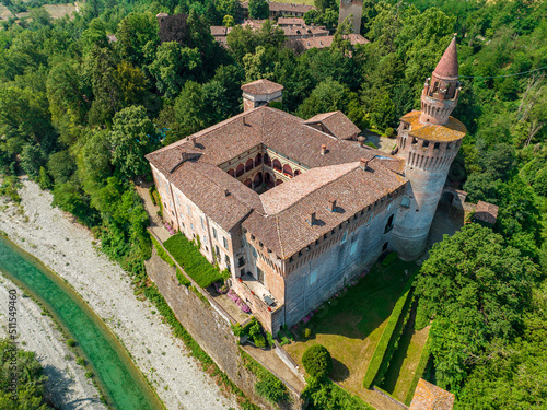 Aerial view of Rivalta castle on the Trebbia river, Piacenza province, Emilia-Romagna, Italy. 06-16-2022
It is an imposing fortified complex with a cylindrical tower photo