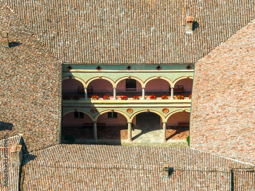 Aerial view of Rivalta castle on the Trebbia river, Piacenza province, Emilia-Romagna, Italy. 06-16-2022
It is an imposing fortified complex with a cylindrical tower photo