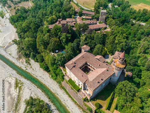 Aerial view of Rivalta castle on the Trebbia river, Piacenza province, Emilia-Romagna, Italy. 06-16-2022
It is an imposing fortified complex with a cylindrical tower photo