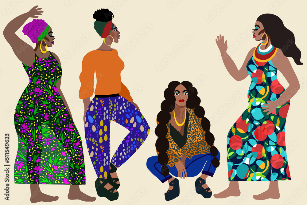 Vector illustration with four dancing young attractive african women. On light background.
