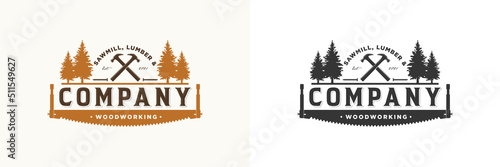 Evergreen pine logo vector design, premium quality carpentry logo woodworking, Woodwork sawmill logo emblem badge, hammer, saw blade, nail metal, trees forest vintage retro