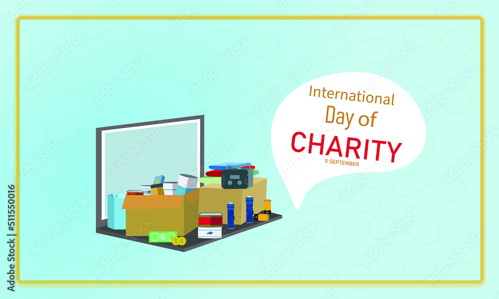 International day of charity design of poster. September 5. vector illustration of Donations in cardboard boxes.
