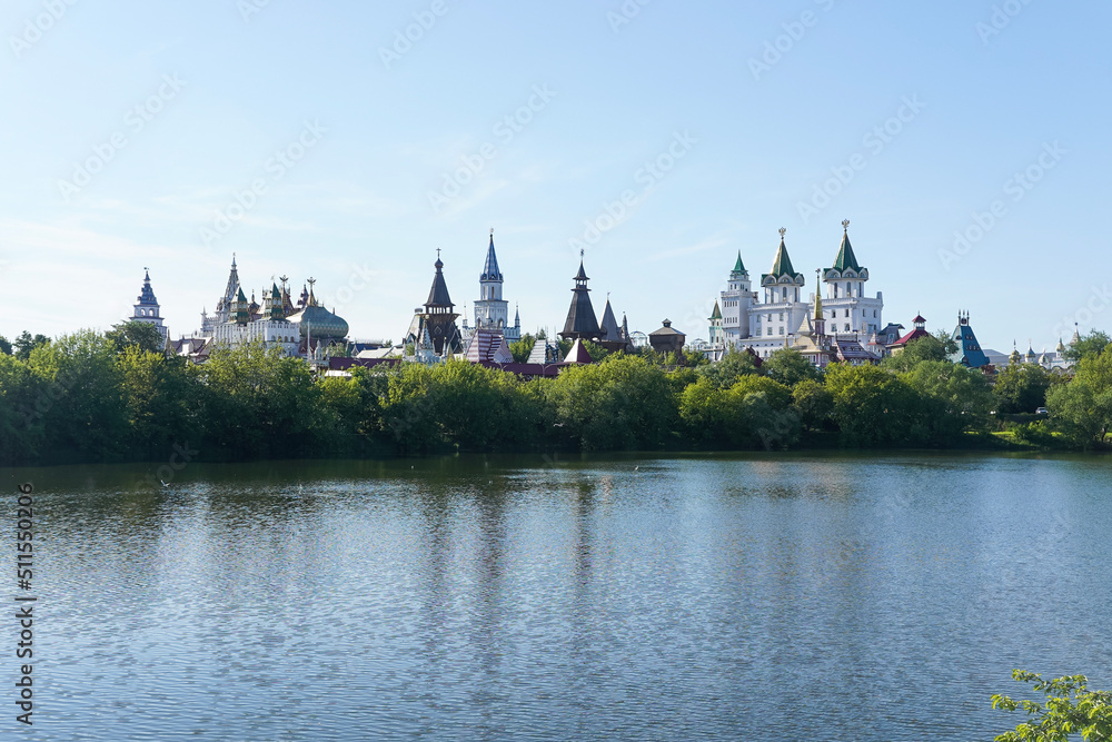 Izmailovo Kremlin on the lake shore in summer, Moscow, Russia