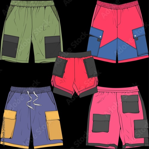 bundle set short pants color block drawing vector, bundle set  short pants in a sketch style, trainers template, vector Illustration.
