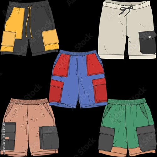 bundle set short pants color block drawing vector, bundle set  short pants in a sketch style, trainers template, vector Illustration.
