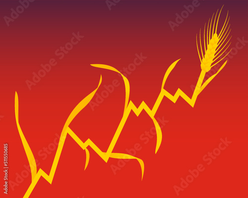 An ear of wheat forms a graph of rising costs. Concept of the increase in the price of wheat due to the war.  Global food safety risk. Rise in the global wheat flour market. Vector illustration