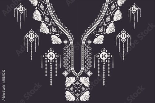 Vector ethnic African neckline pattern flower shape design black and white color background. Elegant tribal art for shirts.