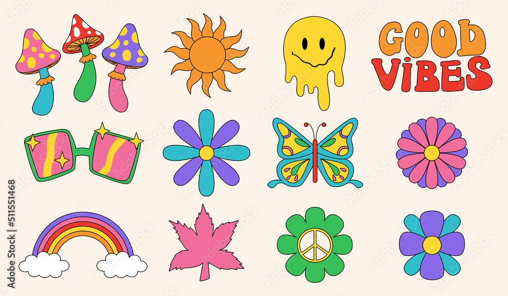 Collection of different psychedelic groovy elements. Hippie retro vintage clipart in 70s-80s style. Vector illustrations hippie style.