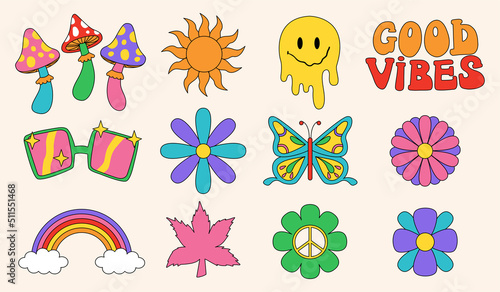 Collection of different psychedelic groovy elements. Hippie retro vintage clipart in 70s-80s style. Vector illustrations hippie style.