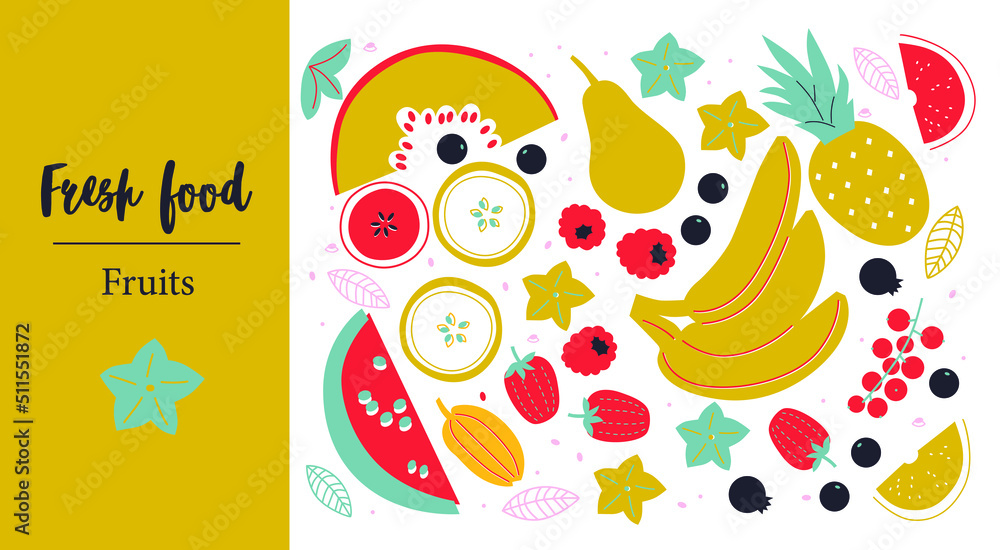 Fruits and berries set. Natural food banner in flat style. Fruits and berries in abstract shapes. Great for flyer, web poster, natural products presentation templates, cover design. Vector art