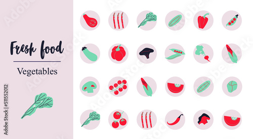 Fresh Food Vegetables icons. Instagram Highlights covers. Cute appetizing Vegetables collection icons. Flat Vector.