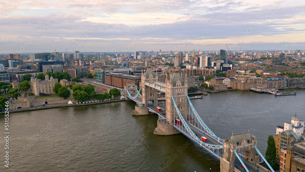 Aerial view over Tower Bridge and River Thames in London