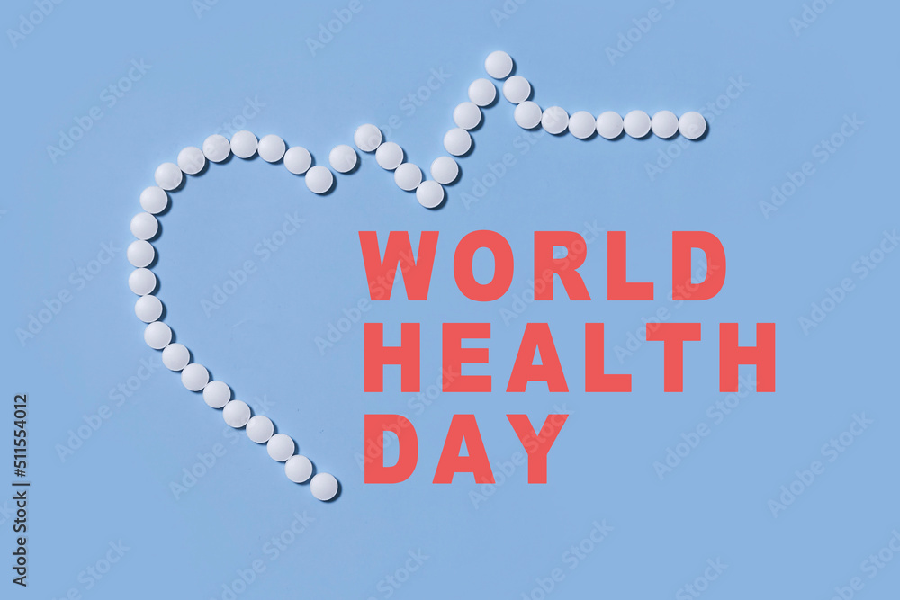 Naklejka premium Group of white round pills forms heart figure next to heart rhythms from white pills on a blue background. Theme of health care, medical treatment and disease prevention.