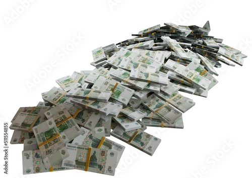 Stack Russian cash or banknotes of Rusia rubles scattered on a white background isolated The concept of Economic, Finance, Background, news, social media and texture of money 3d Rendering 5 Ruble