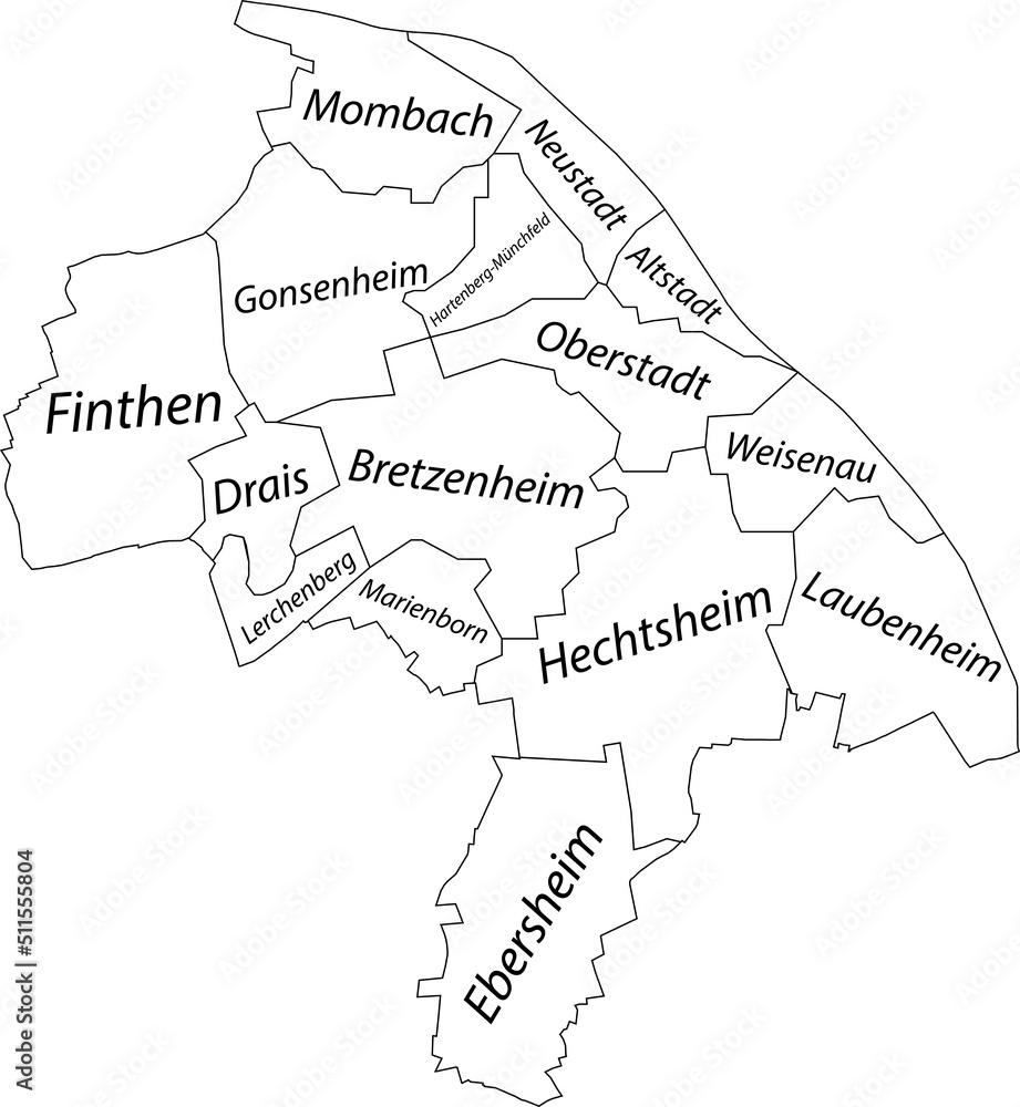 Fototapeta premium White flat vector administrative map of MAINZ, GERMANY with name tags and black border lines of its districts