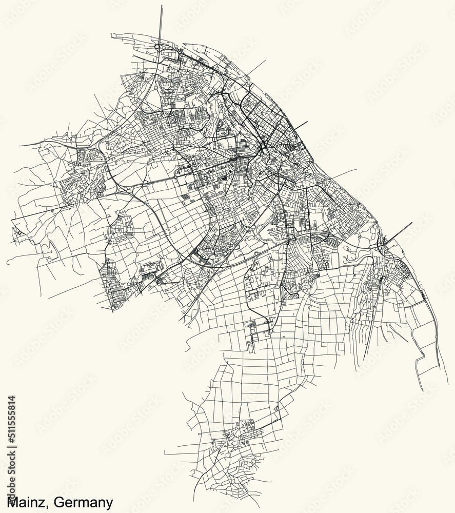 Detailed navigation black lines urban street roads map of the German regional capital city of MAINZ, GERMANY on vintage beige background